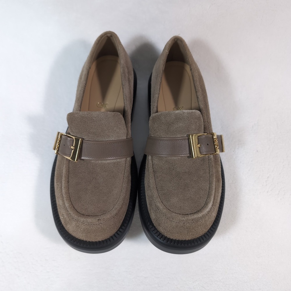 Charles & Keith Loafers Women Taupe Suede Gold Buckle Lug Sole Chunky Platform - Picture 4 of 13